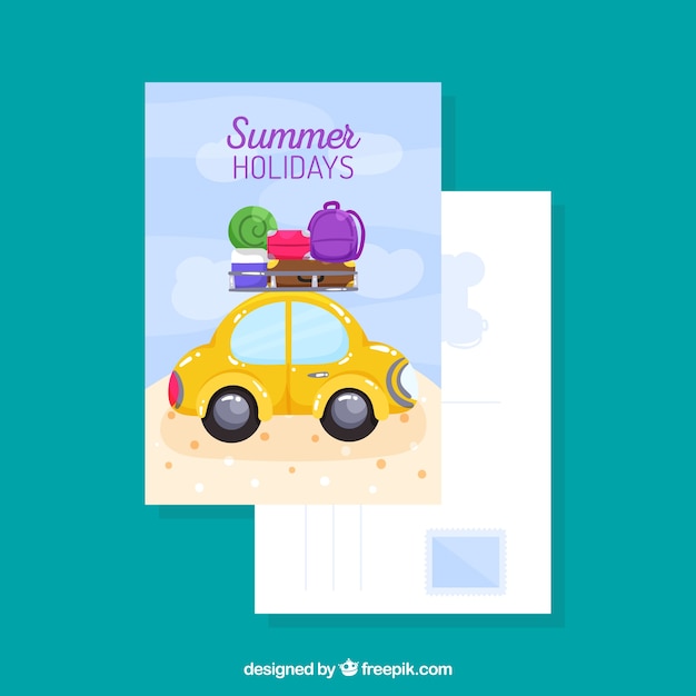 Vettore gratuito modello di cartolina estate disegnata a mano con auto
