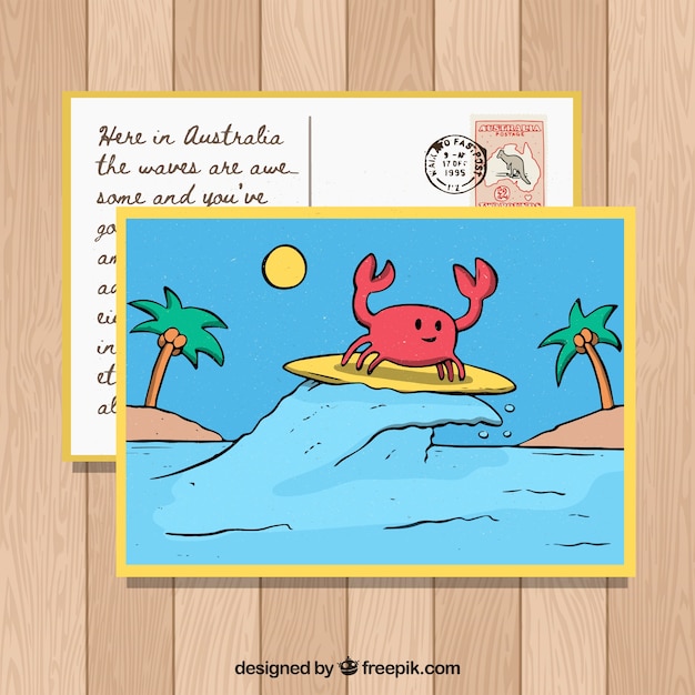 Modello di cartolina estate disegnato a mano con il concetto di surf