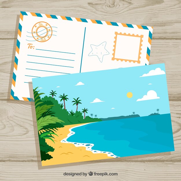 Hand drawn summer post card template with tropical island