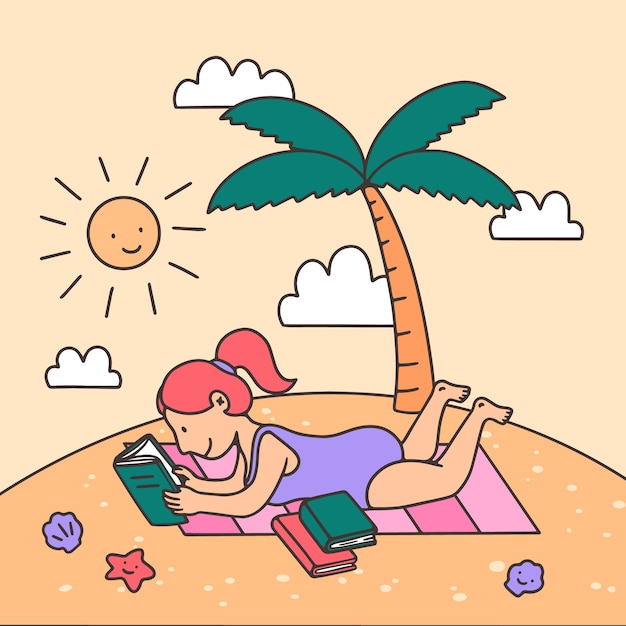 Vettore gratuito illustrazione disegnata a mano dei libri di lettura di estate con la donna sulla spiaggia