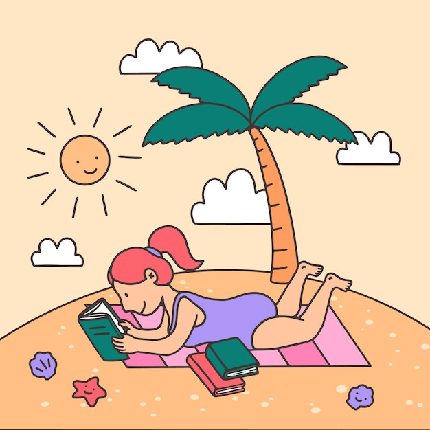 Нарисованная рукой иллюстрация книг чтения лета с женщиной на пляже