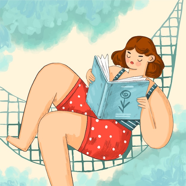 Vettore gratuito illustrazione disegnata a mano dei libri di lettura di estate con la donna