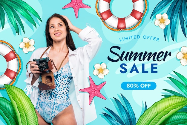 Hand drawn summer sale banner template with photo