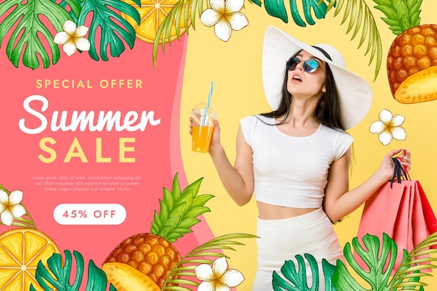 Free vector hand drawn summer sale banner template with photo