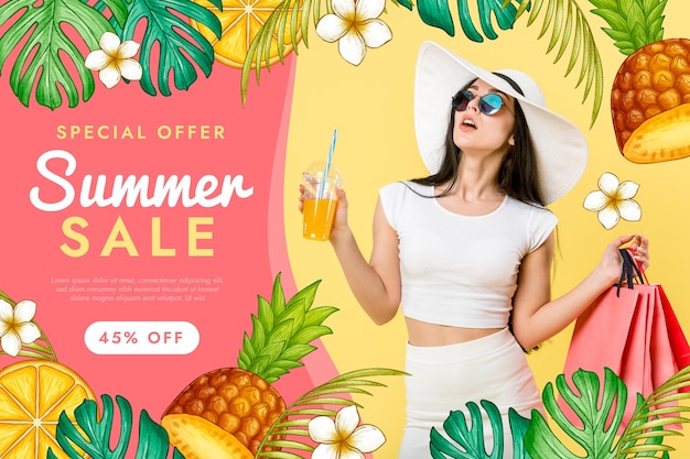 Hand drawn summer sale banner template with photo