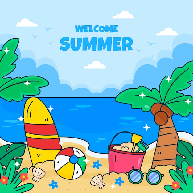 Hand drawn summer vibes illustration with beach
