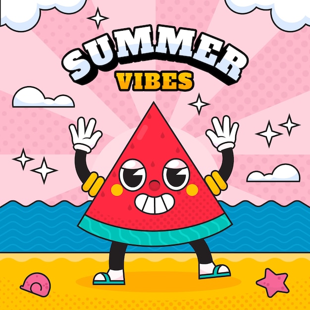 Hand drawn summer vibes illustration with watermelon slice