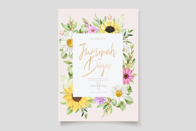 hand drawn sun flower and daisy invitation card set