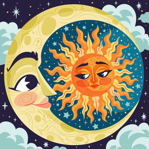 Vettore gratuito illustrazione disegnata a mano del disegno del sole e della luna