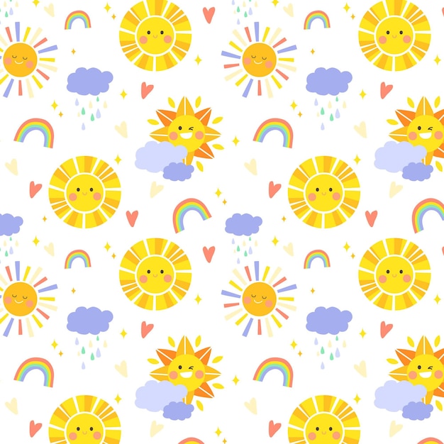 Free vector hand drawn sun pattern with clouds and rainbows