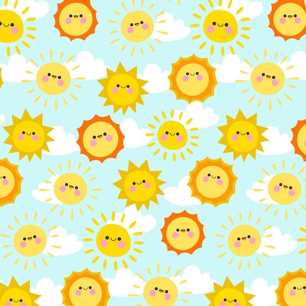 Hand drawn sun pattern with clouds