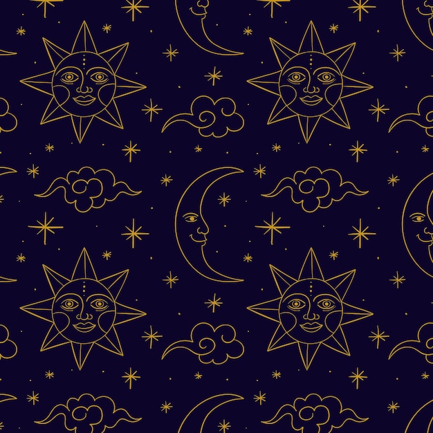 Premium Vector  Magic seamless vector pattern with sun, constellations,  moons and stars. gold decorative ornament. graphic pattern for astrology,  esoteric, tarot, mystic and magic. luxury elegant design.