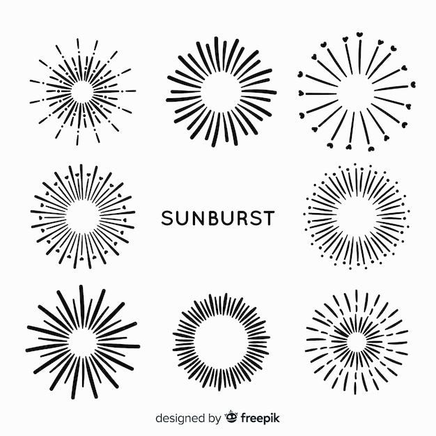 Collezione di elementi sunburst disegnati a mano