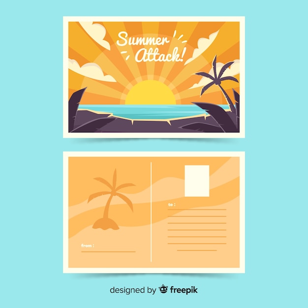 Нарисованный рукой шаблон открытки летнего отпуска захода солнца