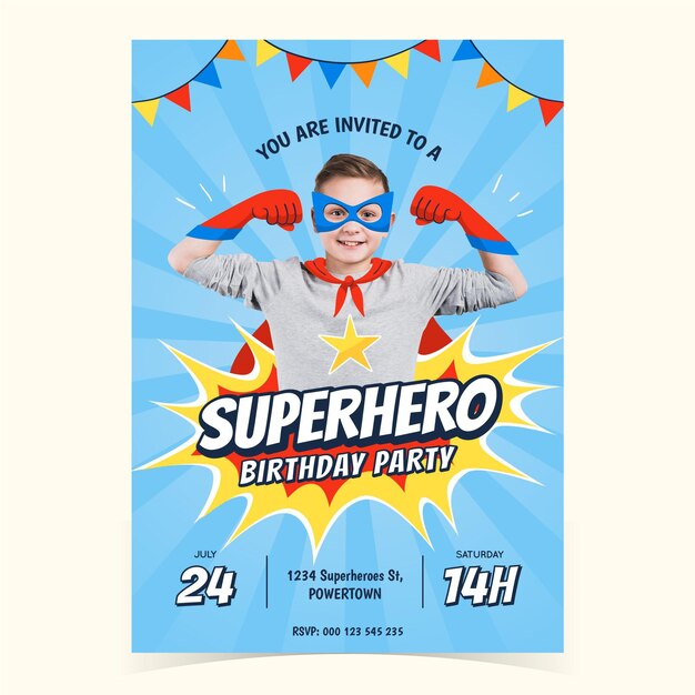 Hand drawn superhero birthday invitation template with photo
