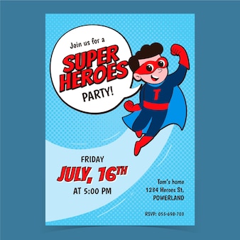 Hand drawn superhero birthday invitation template