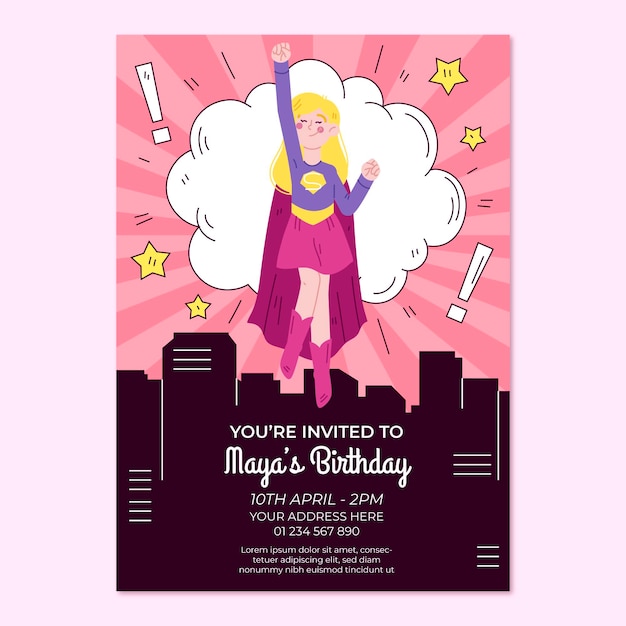 Free vector hand drawn superhero birthday invitation template