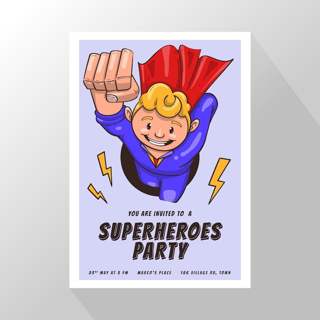 Free vector hand drawn superhero birthday invitation template