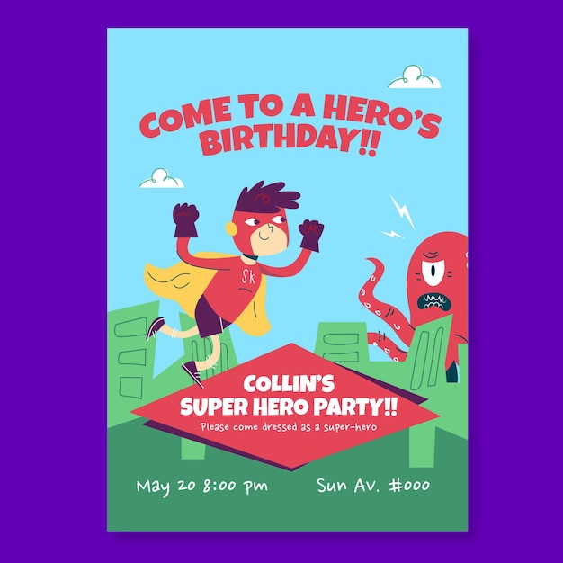 Free vector hand drawn superhero birthday invitation template