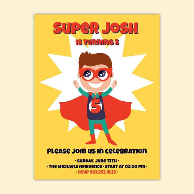 Hand drawn superhero birthday invitation template
