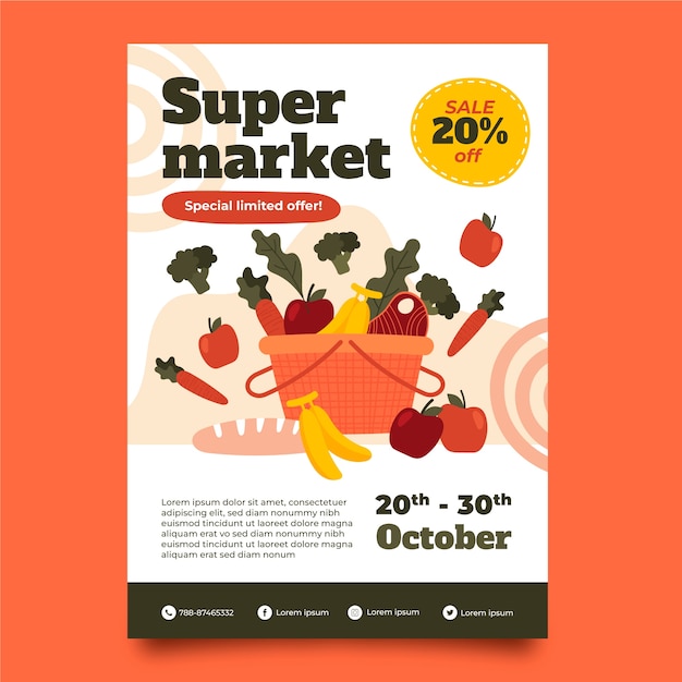 Vettore gratuito modello di poster del supermercato disegnato a mano