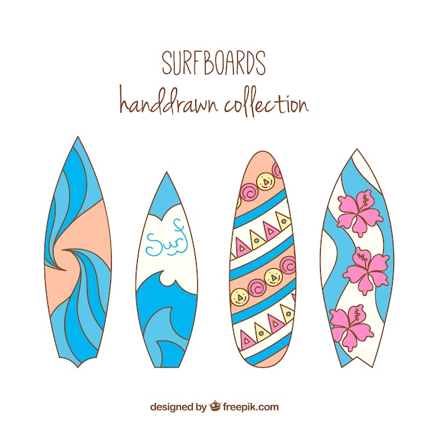 Hand drawn surfboards with waves and flowers