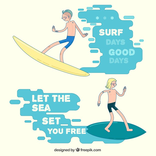 Free Vector hand drawn surfers with phrases