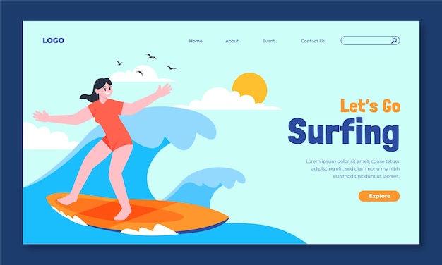 Pagina di destinazione dell'avventura di surf disegnata a mano