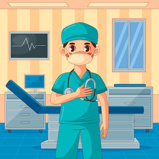 Иллюстрация мультфильма о хирурге, нарисованная вручную