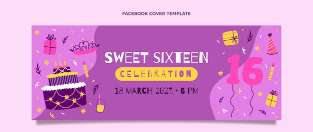 Бесплатное векторное изображение Нарисованный рукой шаблон обложки facebook sweet 16