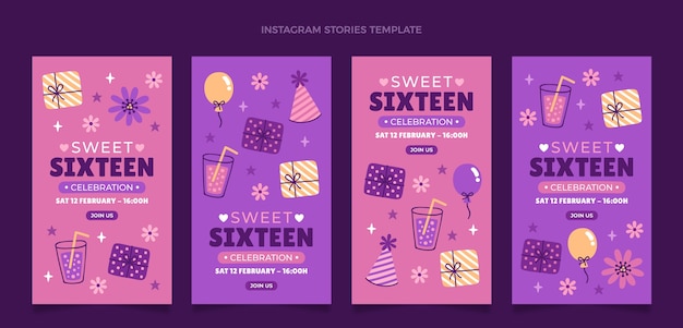 Hand drawn sweet 16 instagram stories collection