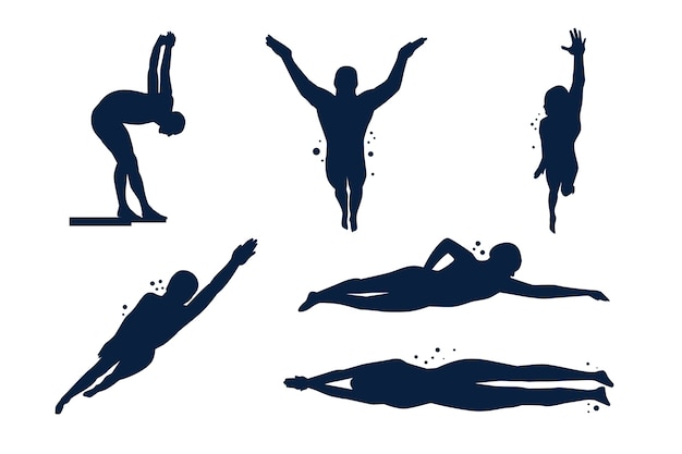 Vettore gratuito set di silhouette di nuoto disegnate a mano