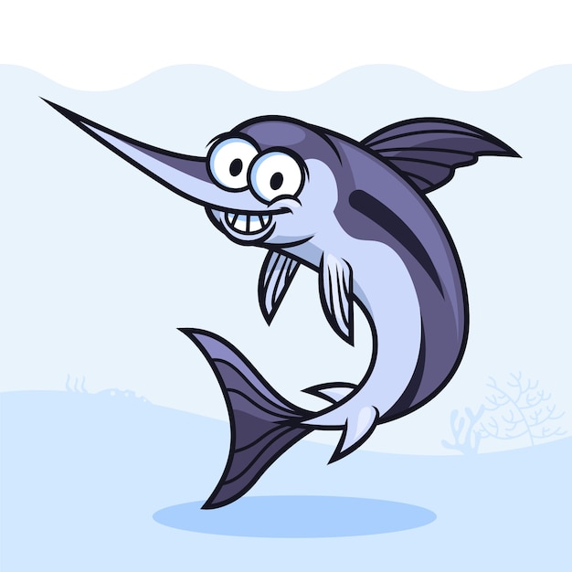 Vettore gratuito illustrazione di cartoni animati di pesce spada disegnata a mano