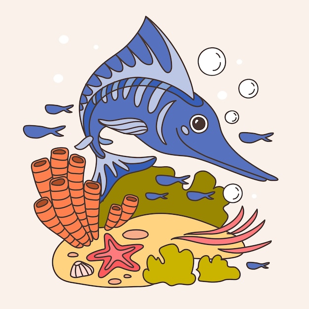 Бесплатное векторное изображение Нарисованная рукой иллюстрация шаржа рыбы-меч