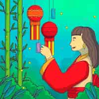 Free vector hand drawn tanabata illustration with woman hanging ornaments