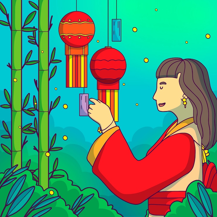 Free Vector hand drawn tanabata illustration with woman hanging ornaments