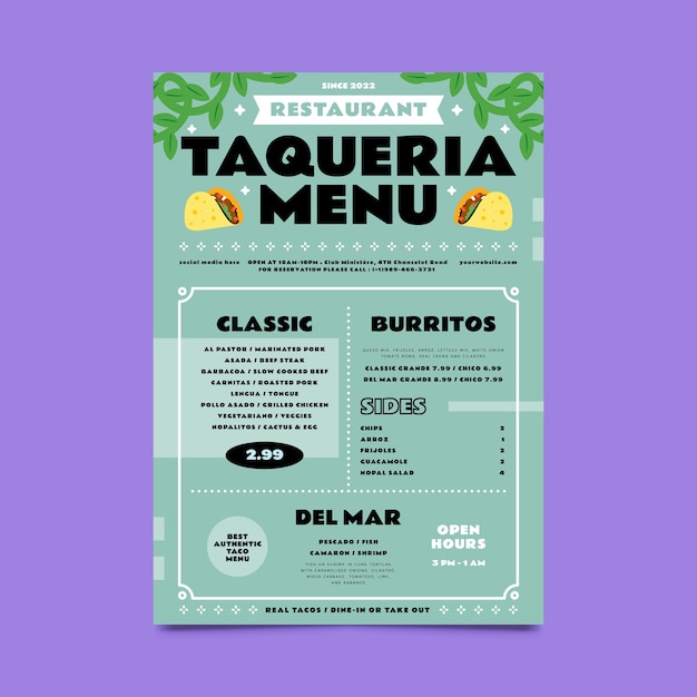 Vettore gratuito progettazione di modelli di menu taqueria disegnati a mano