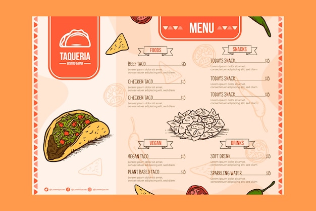 Vettore gratuito progettazione di modelli di menu taqueria disegnati a mano