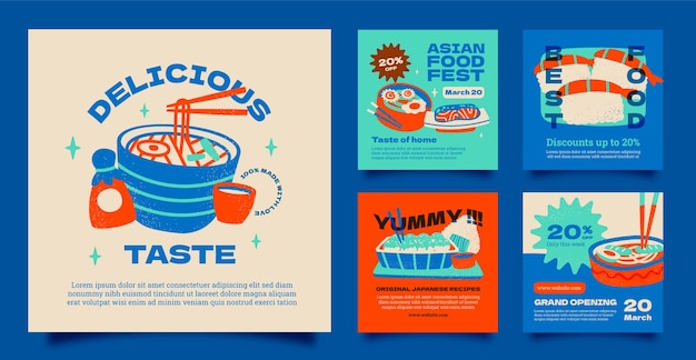 Vettore gratuito post gustosi di instagram di cibo asiatico disegnati a mano