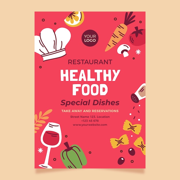 Бесплатное векторное изображение Нарисованный рукой плакат ресторана вкусной еды