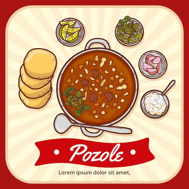 Hand drawn tasty pozole illustration