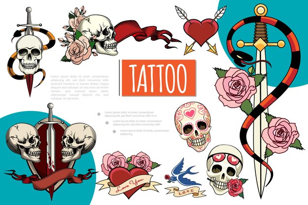 hand drawn tattoo elements composition with human skulls sword in blood snakes rose flowers swallow ribbons heart pierced with arrows  illustration,