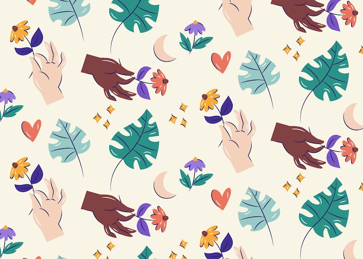 Free Vector hand drawn tattoo hands with flowers and leaves pattern