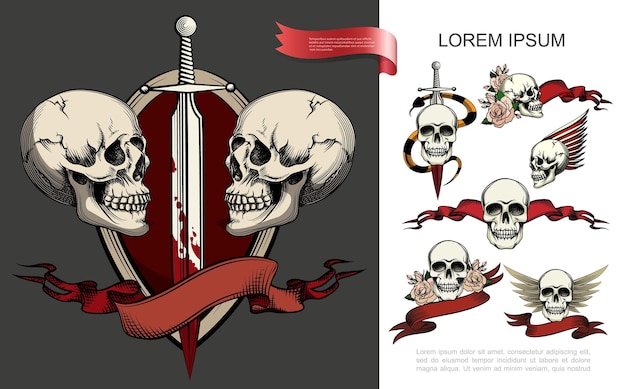 Free vector hand drawn tattoo symbols composition with different human skulls rose flowers red ribbons snake around sword dagger in blood   illustration