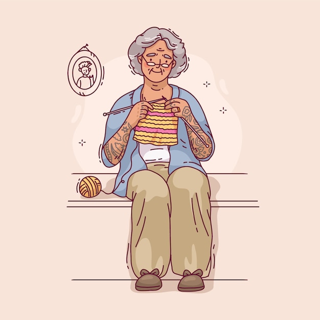 Hand drawn tattooed old woman illustration