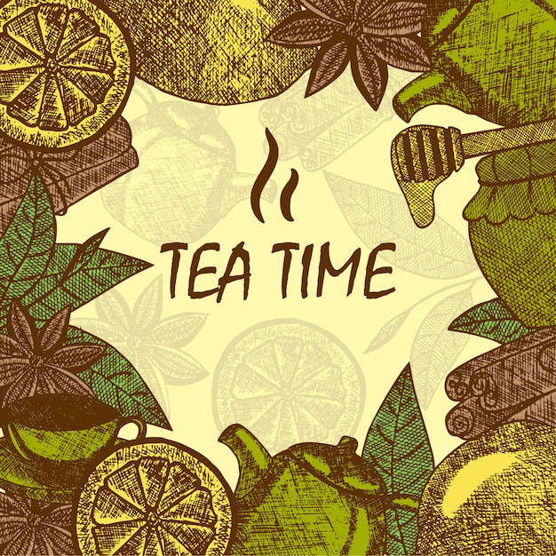 Hand drawn tea culture objects. Teapot, lemon, cinnamon, honey, tea leaf. Vector sketch card template.