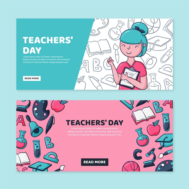 Hand drawn teachers' day horizontal banners set