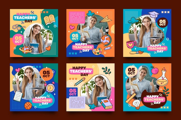 Free vector hand drawn teachers' day instagram posts collection with photo