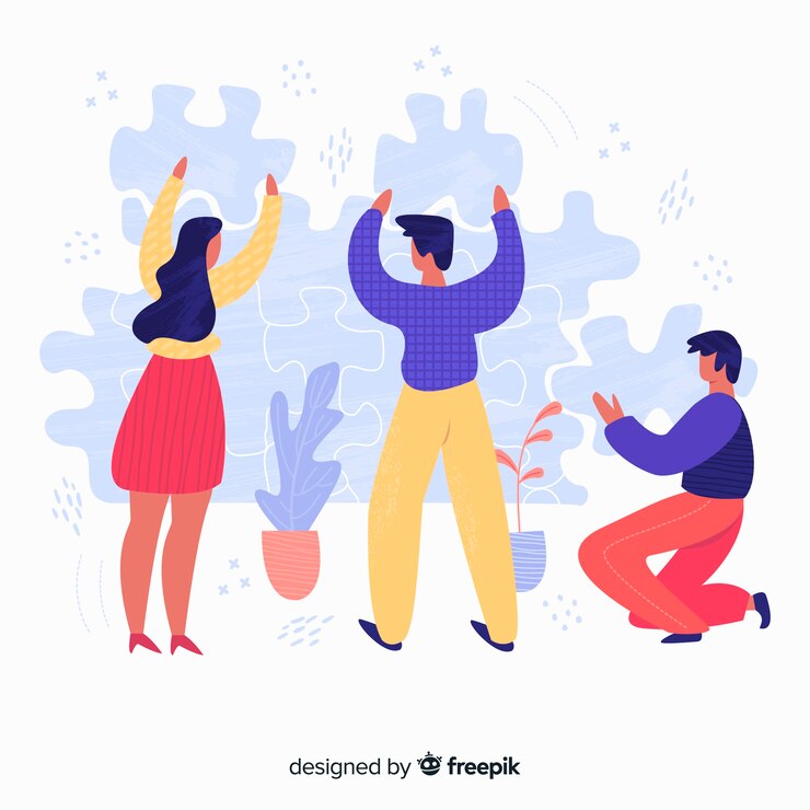 Free Vector hand drawn team making puzzle background