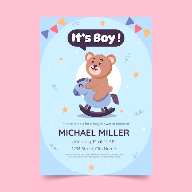 Hand drawn teddy bear baby shower invitation